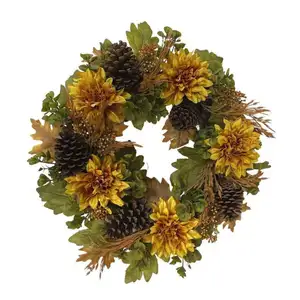 Flores decorativas Coronas y plantas Guirnalda de otoño Cono de pino de otoño Dalia Guirnalda artificial para la decoración de Navidad de Acción de Gracias