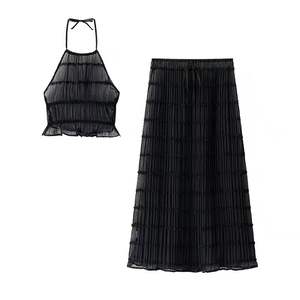 Conjunto de Moda de 2 Piezas para Mujer, Top Halter Sexy y Falda Larga Plisada - Product Image 2