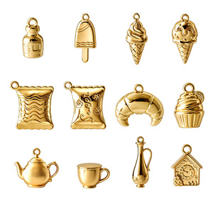 Juego de Dijes 3D Bañados en Oro con Forma de Comida: Helado, Croissant, Tetera - Accesorios de Joyería DIY - Product Image 1