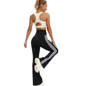 Vêtements de sport pour femmes respirant spécial ceinture taille haute pantalons de Yoga 3 pièces bandes latérales évasées pantalons de Yoga Leggings pour femmes