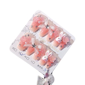 <span class=keywords><strong>Faux</strong></span> ongles réutilisables en acrylique avec breloques lapin 3D, rose rose et nœud, base rose ombrée, pour les amateurs de style <span class=keywords><strong>Kawaii</strong></span> et romantique - Product Image 4