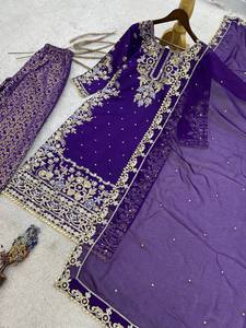 Beautiful Purple Embroidered Crepe Cotton Flared Plazzo Suit Women's Summer Wedding Party Wear <b>Eid</b> Traditional Indian <b>Pakistani</b> - Product Image 2