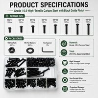 Kit Sekrup Soket Kepala Tombol Beraneka Ragam, Baja Karbon Oksida Hitam, Sekrup Soket Hex dengan Mur, Ring, dan Kunci Allen