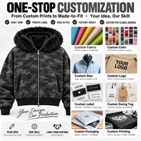 Veste à capuche zippée personnalisée, camouflage noir délavé, coupe oversize, capuche en fausse fourrure épaisse, style streetwear, fournisseur en gros pour marques