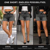 Shorts en jean vintage gris et noir taille haute pour femme, double boutonnage, ourlet effiloché, décontracté, été