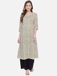 Robe ethnique pour femme en coton, coupe ample, longueur cheville, manches trois quarts, imprimé floral jaune, pour un usage décontracté - Product Image 1