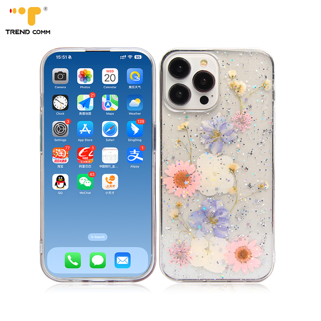 2026 Fashion Wholesale Real Flower Daisy Glitter Girl Woman Phone Case for iPhone 15/15 Pro/16/16 Pro