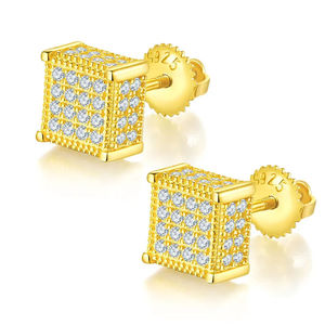 925 Sterling <b>Silver</b> Gold <b>Stud</b> <b>Earrings</b> Square and Round Lab Grown VVS Diamond Simple Elegant Jewelry Gift for Women - Product Image 4