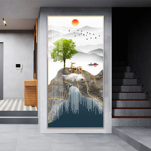 זהב צבי ירוק עץ מופשט הרי נוף ציור בעלי החיים יוקרה קיר לעיצוב בית הדפסי פוסטר ובד מתנה - Product Image 3