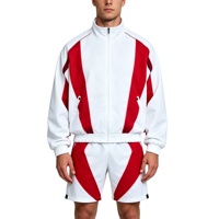 Ensemble de survêtement rétro imprimé blanc pour homme, 2 pièces, avec veste zippée à empiècements rouges, col montant, poignets élastiques et cordon de serrage