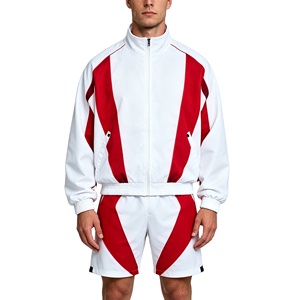 Conjunto Deportivo Retro Blanco de 2 Piezas para <span class=keywords><strong>Hombre</strong></span>, Chaqueta con Cierre y Paneles Rojos, Cuello Alto, Puños Elásticos, Cintura con Cordón Ajustable, Proveedor Personalizado - Product Image 2