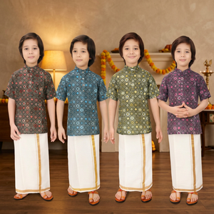 Conjunto de Dhoti de Algodón para Niños, Angavastram, Ropa Étnica Tradicional India, para Bodas, Corte Regular, Largo hasta el Tobillo, Sin Arrugas, Estampado Digital - Product Image 1