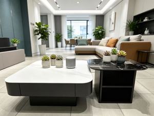Black <b>White</b> Marble Square Nesting Coffee <b>Table</b> Set, <b>Rounded</b> Corner Storage Drawer & Open Shelf Combination Side <b>Table</b> For Living - Product Image 6