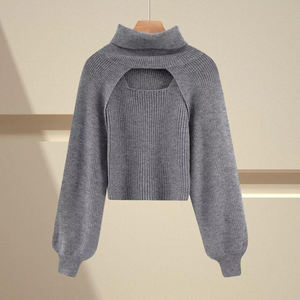 Jersey de punto personalizado de cuello alto para mujer, suéter sin mangas de Cachemira, conjunto de <span class=keywords><strong>dos</strong></span> piezas de invierno con diseño calado - Product Image 6