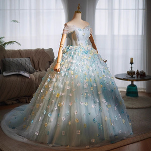Blue Floral Strapless Ball Gown Chiffon Empire Waistline Evening Dress For Women - Product Image 4