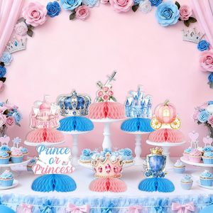 8 pièces Décorations <span class=keywords><strong>de</strong></span> centre <span class=keywords><strong>de</strong></span> table en nid d'abeille pour révélation du sexe Prince ou Princesse, roses <span class=keywords><strong>et</strong></span> bleues, avec motifs Château <span class=keywords><strong>et</strong></span> Couronne, pour garçon ou fille - Product Image 5