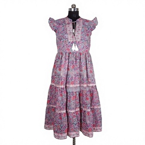 Robe longue bohème à imprimé floral avec manches courtes à pompons, coupe trapèze ample, décontractée d'été, en coton tissé 100%, taille empire pour femme - Product Image 1