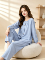 Ensemble de pyjama de luxe respirant en fibre de bambou pour femme, col rond, cardigan fin à manches longues pour les pièces climatisées, printemps/automne