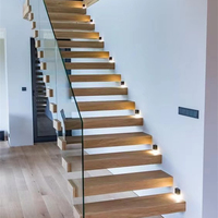 Escalier flottant avec éclairage LED, balustrade en verre trempé, escalier intérieur pour maison duplex