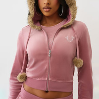 Fabricant OEM Logo personnalisé Ensemble de survêtement en velours pour femmes Ensemble deux pièces avec bordure en fausse fourrure et sweat à capuche zippé et pantalon de survêtement avec strass
