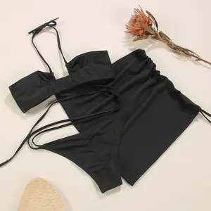 사용자 정의 도매 솔리드 블랙 비키니 도매 오픈 섹시한 디자인 2 조각 문자열 극단적 인 마이크로 끈 비치웨어 & 수영복