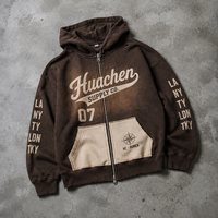 Sweat à capuche zippé personnalisé 410 GSM pour homme, délavage acide, impression sérigraphiée, fermeture éclair bidirectionnelle, style vintage streetwear, OEM ODM, marque privée, usine