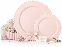 Assiettes jetables en plastique rose écologiques, modernes et résistantes, à motifs perlés, pour la fête des mères, les baby showers et les mariages