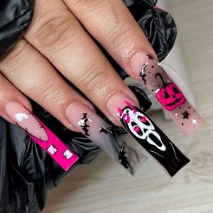 Mode longue amande cercueil faux ongles en boîte <span class=keywords><strong>Halloween</strong></span> <span class=keywords><strong>Orange</strong></span> fantôme chauve-souris araignée faux ongles avec colle presse sur les ongles pour les femmes - Product Image 4