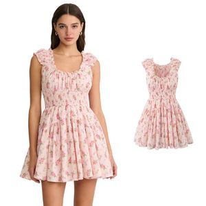 Summer Women's Slim Fit Casual Dress Short Sweet Pink Floral Print <b>Black</b> Fungus <b>Edge</b> Decoration Pleated High Waist - Product Image 1