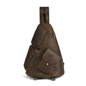 Crazy Horse Leather Chest Bag Dark <b>Brown</b> Large Capacity Multiple Pockets Men's <b>Backpack</b> Leisure Travel - Product Image 5