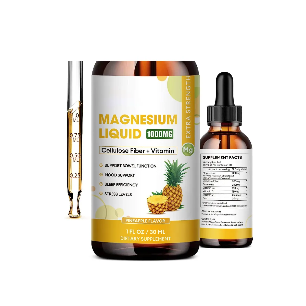 Tetes cair Vegan Magnesium glikinat dengan larutan vitamin Bromelain untuk orang dewasa mempromosikan fungsi saraf & usus