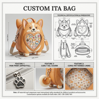 Sac Ita personnalisé Kawaii Corgi en cuir végétalien premium avec fenêtre en PVC en forme de cœur, tirette de fermeture éclair à motif de patte et breloque queue bouclée et moelleuse
