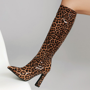 Large Size 47 Women High Square Heels Long Booties Side Zipper Leopard Print Patent Knee High Boots Wide Fit <b>Shoes</b> - Product Image 4