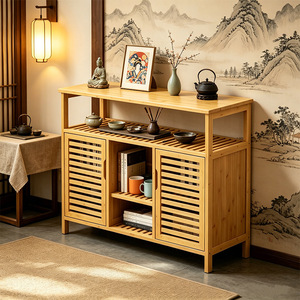 Mueble de Almacenamiento de Bambú de Varias Capas con Puertas y Estantes para Cocina y Comedor, Aparador de Color Madera Natural, 4 Niveles - Product Image 3