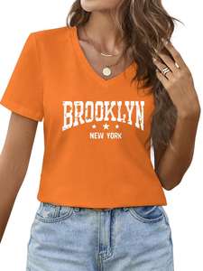 Camisetas de Mujer con Cuello en V, Tejidas, Casuales, Ecológicas, Estampadas por Transferencia de Calor, 100% Algodón, con Color Personalizado y Patrón Impreso - Product Image 6