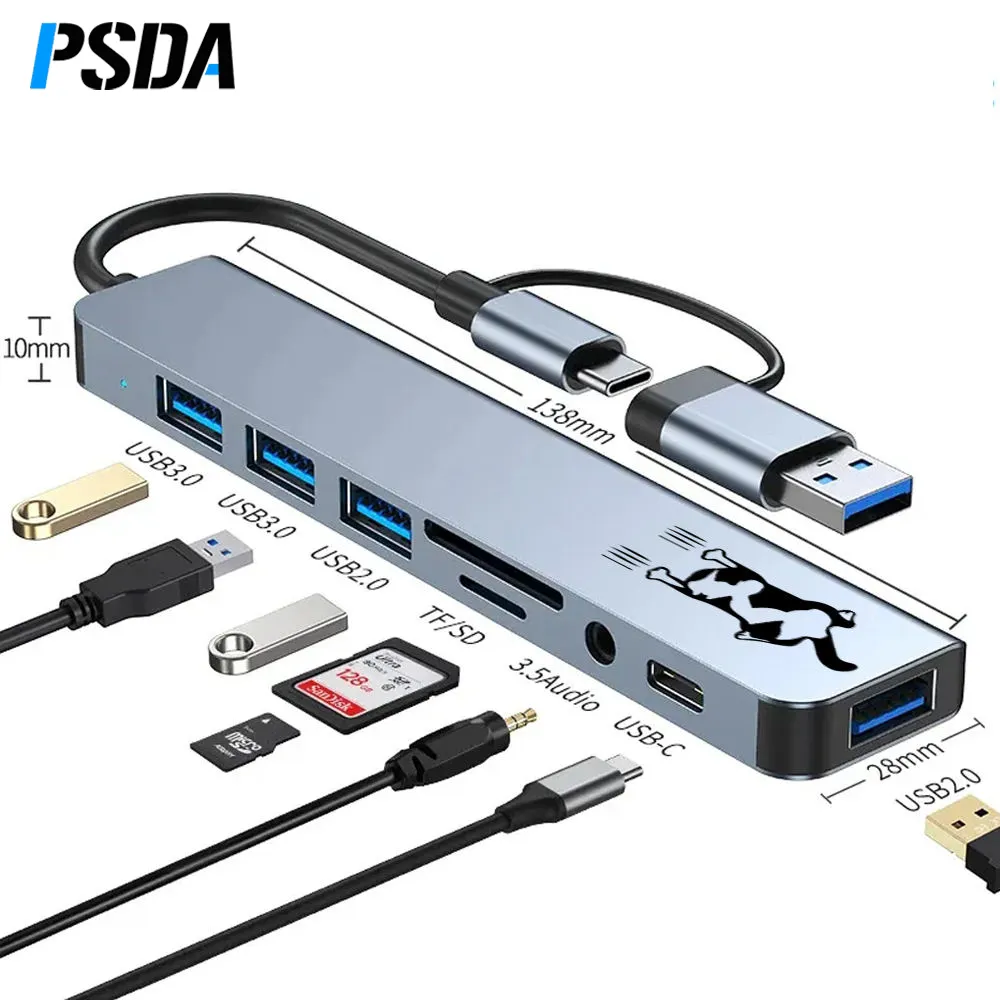 PSDA Eonline 3D 8 IN 1 USB 허브 3.0 독 스테이션 5Gbps 고속 전송 USB 분배기 유형 C to USB OTG 어댑터