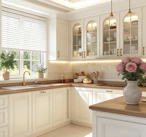 Ensemble <span class=keywords><strong>d</strong></span>'armoires de cuisine blanches personnalisées | Meuble de rangement en <span class=keywords><strong>verre</strong></span> arqué et poignées en laiton, en MDF/contreplaqué |   Prêt à assembler pour les appartements américains - Product Image 3