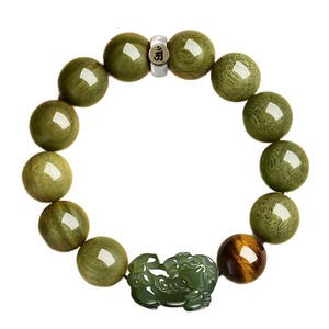 Bracelet perlé unisexe en bois de santal vert naturel de style vintage, orné de perles de jade Hetian, Pixiu, signe du zodiaque et Bouddha, pour la prière - Product Image 5