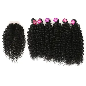 16-20 inç 7 adet/grup Afro Kinky kıvırcık saç demetleri ile kapatma sentetik dantel siyah kadınlar için sentetik saç örgü