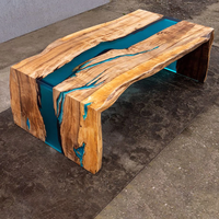Table à manger en bois antique moderne avec table basse Blue Rive Double cascade Bord vif en résine époxy pour hôtel Meubles de maison