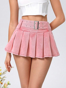 Estate donna nuova moda elegante vita alta rosa Denim Mini <span class=keywords><strong>gonna</strong></span> plissettata cintura vita Design plissettato per Casual Sexy lavato - Product Image 3