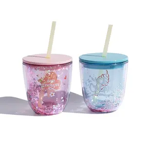 Niseven Hot Sale Zomer Dubbele Muur Plastic Glitter Tumbler Cup Herbruikbare 15Oz Cartoon Ijs Sap Fles Met Deksel En Stro