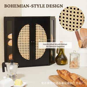 Dingyun <b>Black</b> Wooden Bread Cabinet With Rattan Door <b>Storage</b> <b>Unit</b> For Kitchen Use - Product Image 2