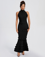 Ocstrade Hochwertige Schwarze Elegante Abendkleider mit Neckholder, Ärmellos, Offenem Rücken, Rüschen und Meerjungfrauen-Silhouette – Eng Anliegende Abendkleider für Damen