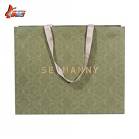 Sac de shopping en papier vert de luxe personnalisé avec logo en feuille d'or, poignée en ruban, sac cadeau boutique, emballage de marque, vente en gros