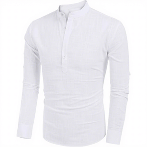 Chemise décontractée pour homme, blanche unie, écologique, col en V, manches longues, respirante, en coton, pour l'été - Product Image 2