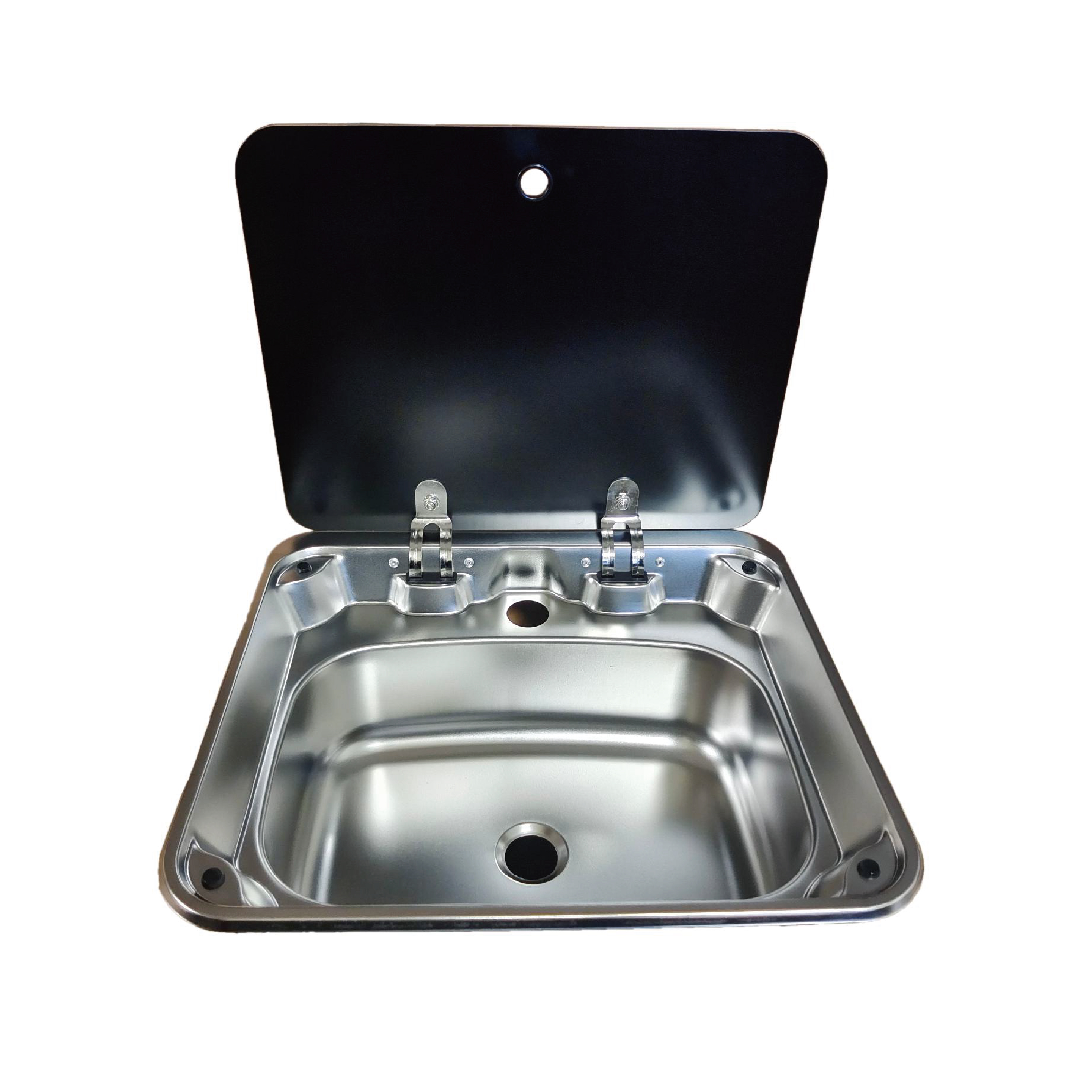 Небольшая угловая складная раковина из нержавеющей стали на заказ с черной крышкой