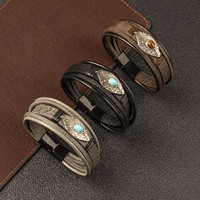 Bracelet pour homme multi-couches en cuir, ton argenté, plume, œil de tigre, pierre turquoise, style western bohème vintage, fermoir magnétique