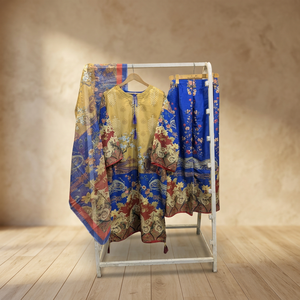 Traje de Chifón de 3 Piezas FUSION, Largo, Talla Grande, Serie SL00252, Diseño Pakistaní, Estampado con Borlas, Estilo Casual - Product Image 3