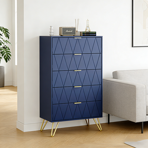 Meuble de chambre à coucher, <span class=keywords><strong>commode</strong></span> à 5 tiroirs, style scandinave moderne, <span class=keywords><strong>commode</strong></span> de rangement avec poignées et pieds dorés, étroite - Product Image 1